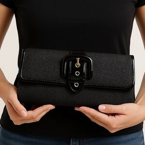 Banana Republic Black Woven Clutch w/ Patent Buckle